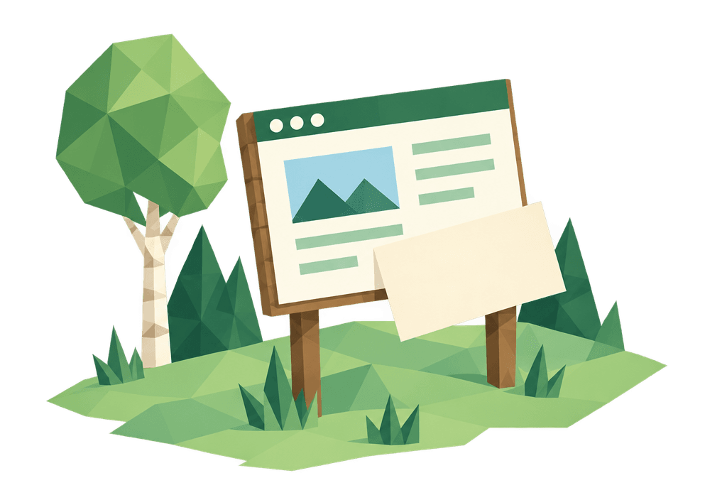 A browser window on a wooden signboard in the grass, a note pinned to its corner